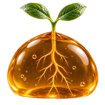 The Seed Oil Slime mascot: an amber slime with a sprout growing out of it